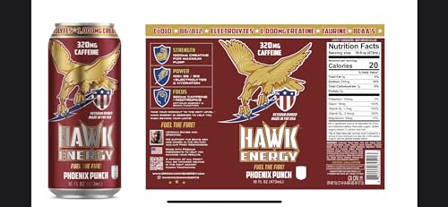 Hawk Energy Phoenix Punch Premium Sugar Free Energy Drink - 12 Pack - Focus and Power, 1000mg Creatine, 320mg Caffeine,